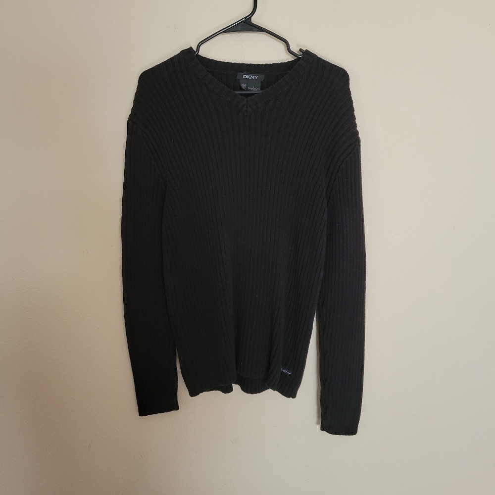 DKNY Womens Chunky Sweater Large V-Neck Long Sleeve Knit Ribbed Solid Black